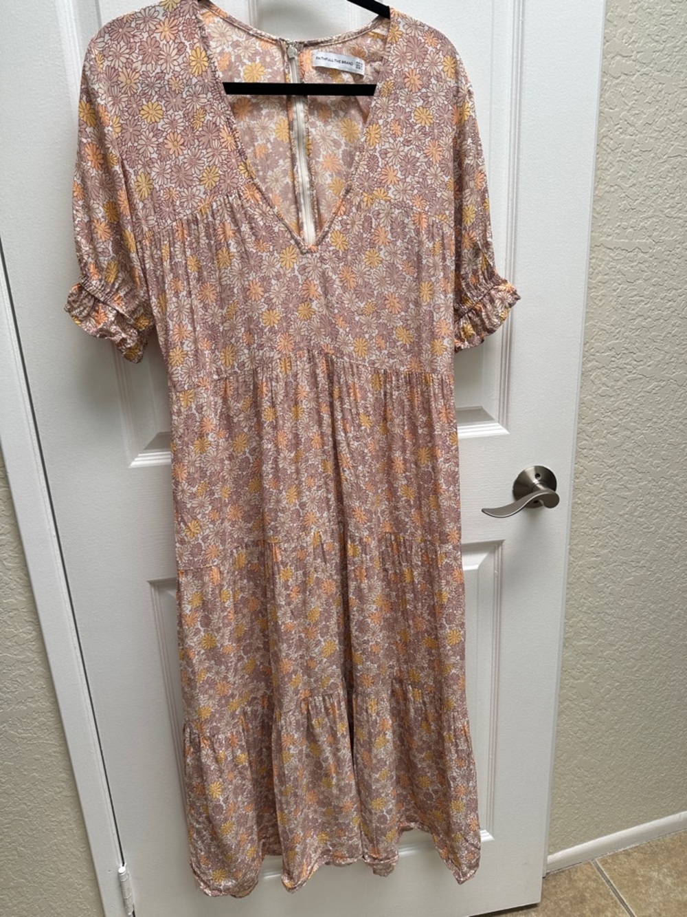 Faithfull the Brand Floral Midi Dress in Dusty Rose and Mustard